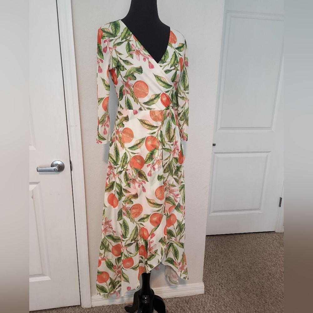 G by Giuliana White Wrap Maxi Dress with Orange & Green Botanical Print
